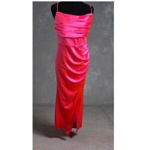 NWT Fashion Nova Tonight I'm Yours Satin Maxi Dress Neon Pink 1X‎ Lace Up Back